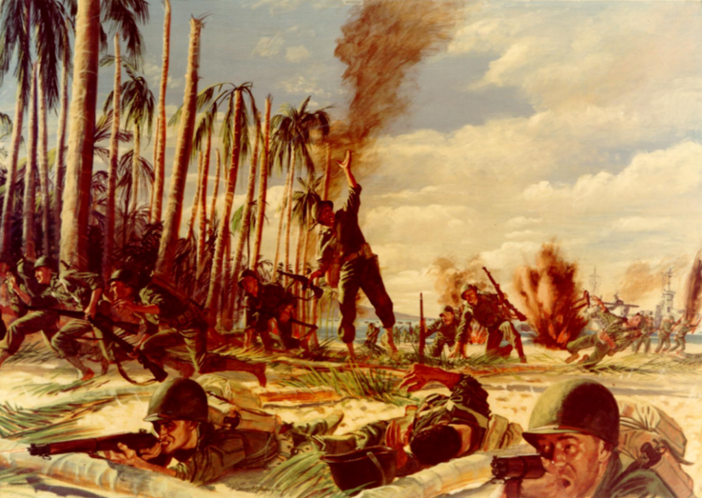 Photo of soldiers landing on the beach some standing and running and some lying with guns ready.