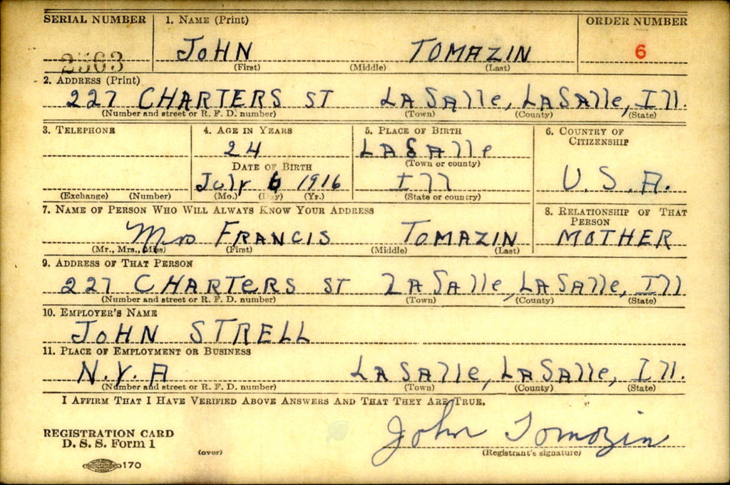 WWII draft card John Tomazin Jr