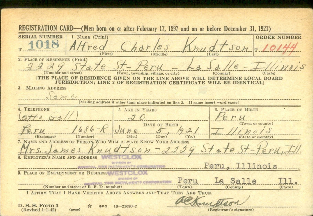 WWII Draft Card for Alfred Knudtson