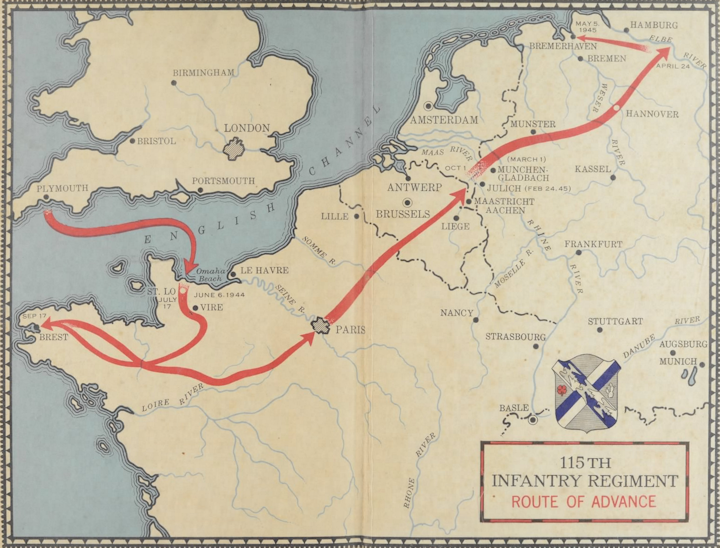 Map showing the advancement of the 115th Regiment through France