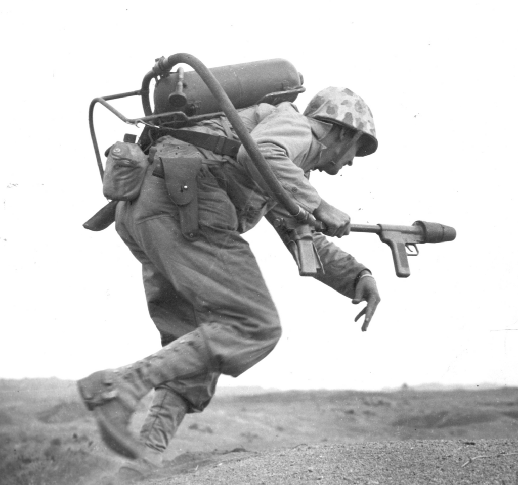 Flamethrower with Company E 2nd Battalion 9th Marine Regiment, 3rd Marine Division, FMF on Iwo Jima 