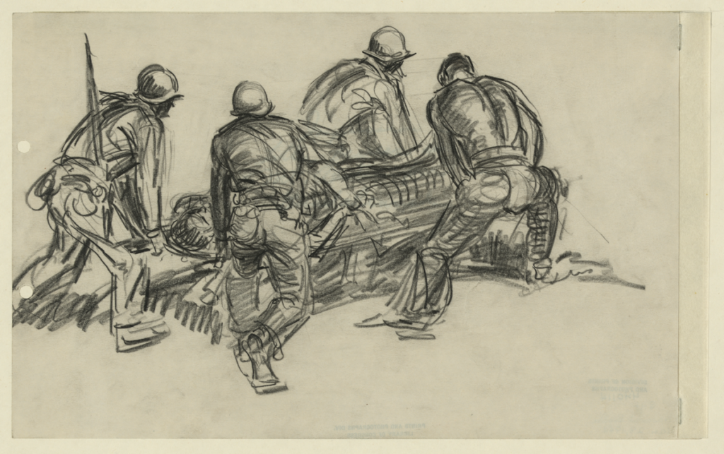 Artist rendering of soldiers carrying a fallen soldier in black and white