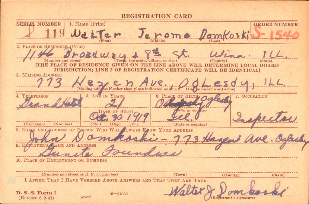 World War II Registration Card for Walter Domkoski