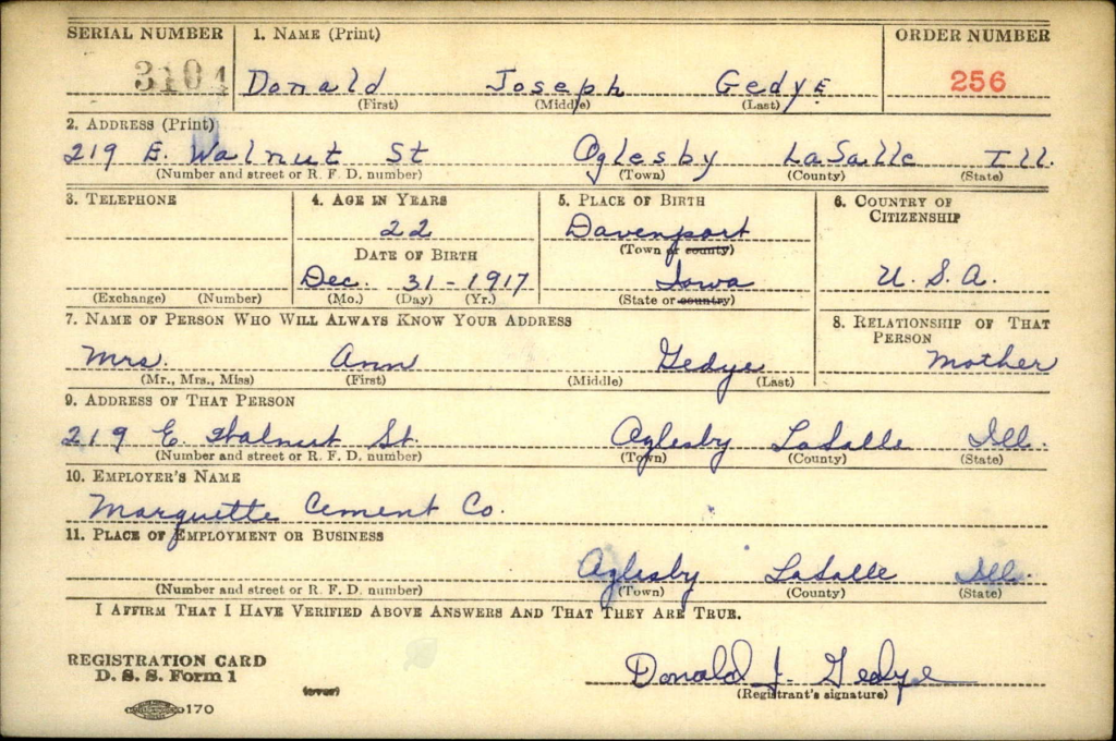 WWII Draft Registration Card for Donald Joseph Gedye