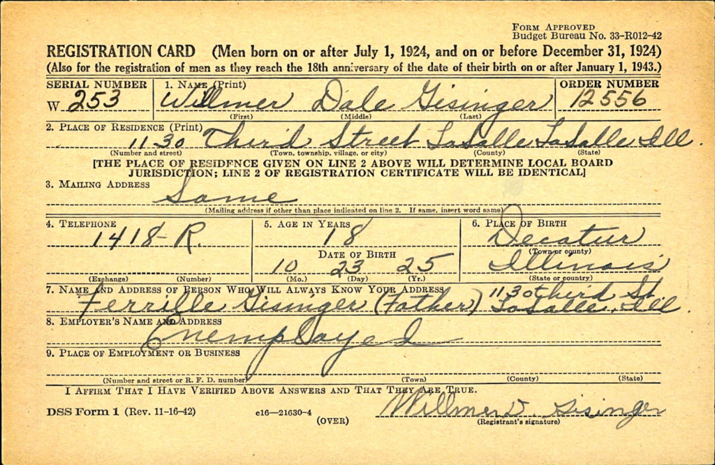 WWII Draft Registration Card, Willmer D. Gisinger